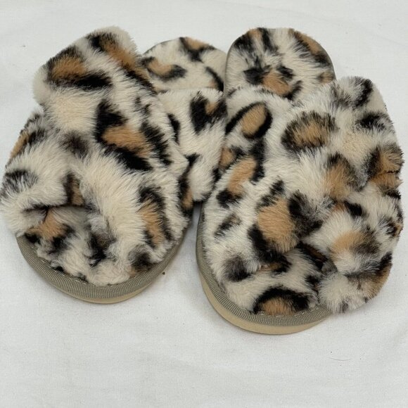 Womens Cross Band Fuzzy Slippers Open Toe Comfy Soft Plush Rubber Sole Leopard - Picture 4 of 7